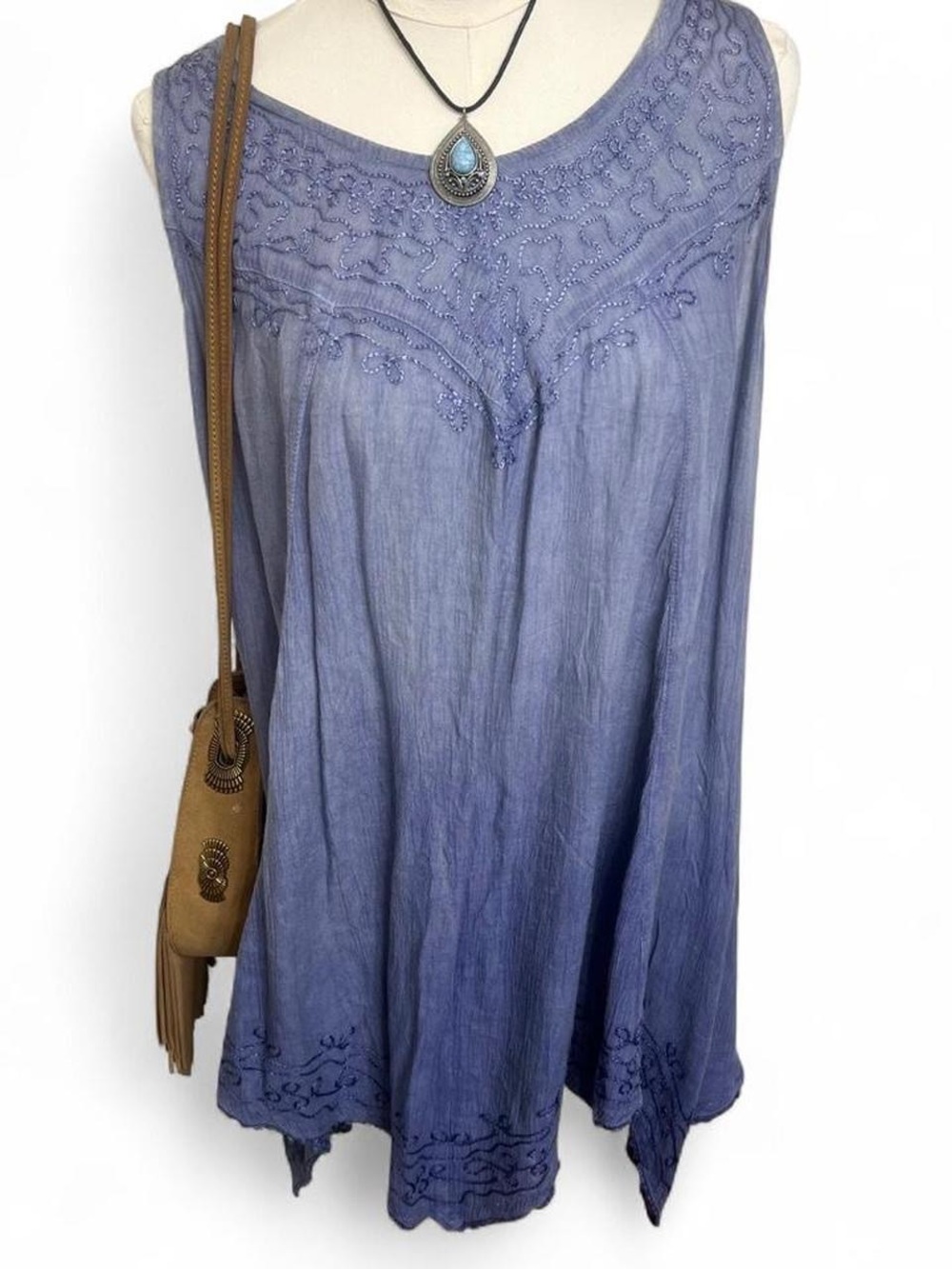Indigo purple boho hippie flowy shirt dress with embroidered floral design